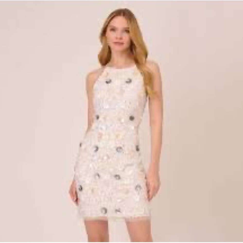 3D FLORAL BEADED HALTER SHEATH DRESS IN IVORY MULTI